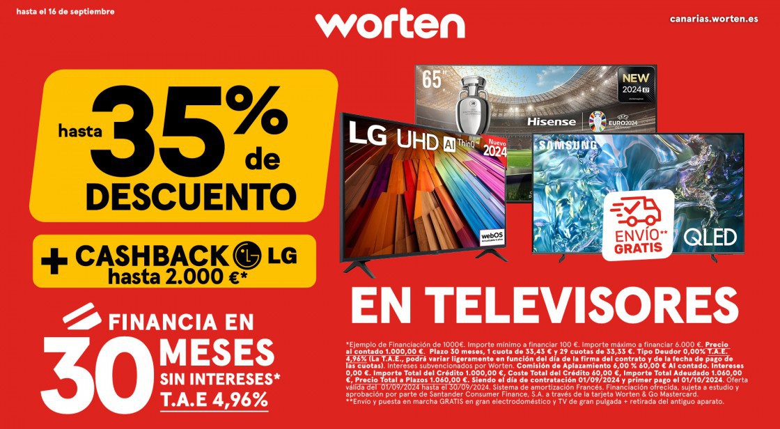 WORTEN: Hasta 35% de descuento en televisión + CASHBACK hasta 2.000€ en LG