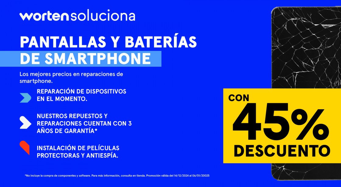 WORTEN SOLUCIONA: 45% DESCUENTO EN REPARACIÓN DE PANTALLAS Y BATERÍAS DE SMARTPHONE